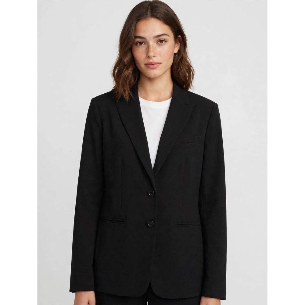 Premise Womens Black Two Button Blazer Pinstripe Lining Career Jacket Size 8